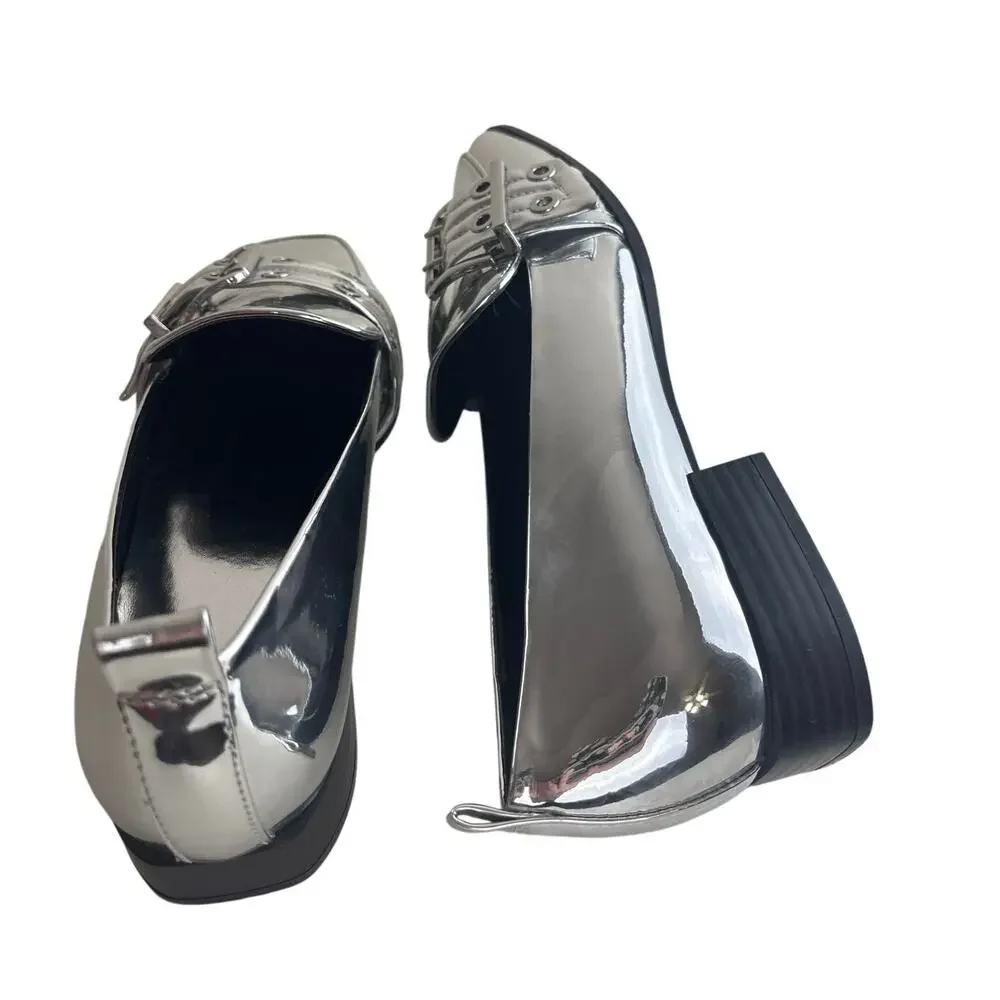 NWOT Mix No. 6 Piercie Silver Metallic Buckle Loafers Size 9 – Square Toe